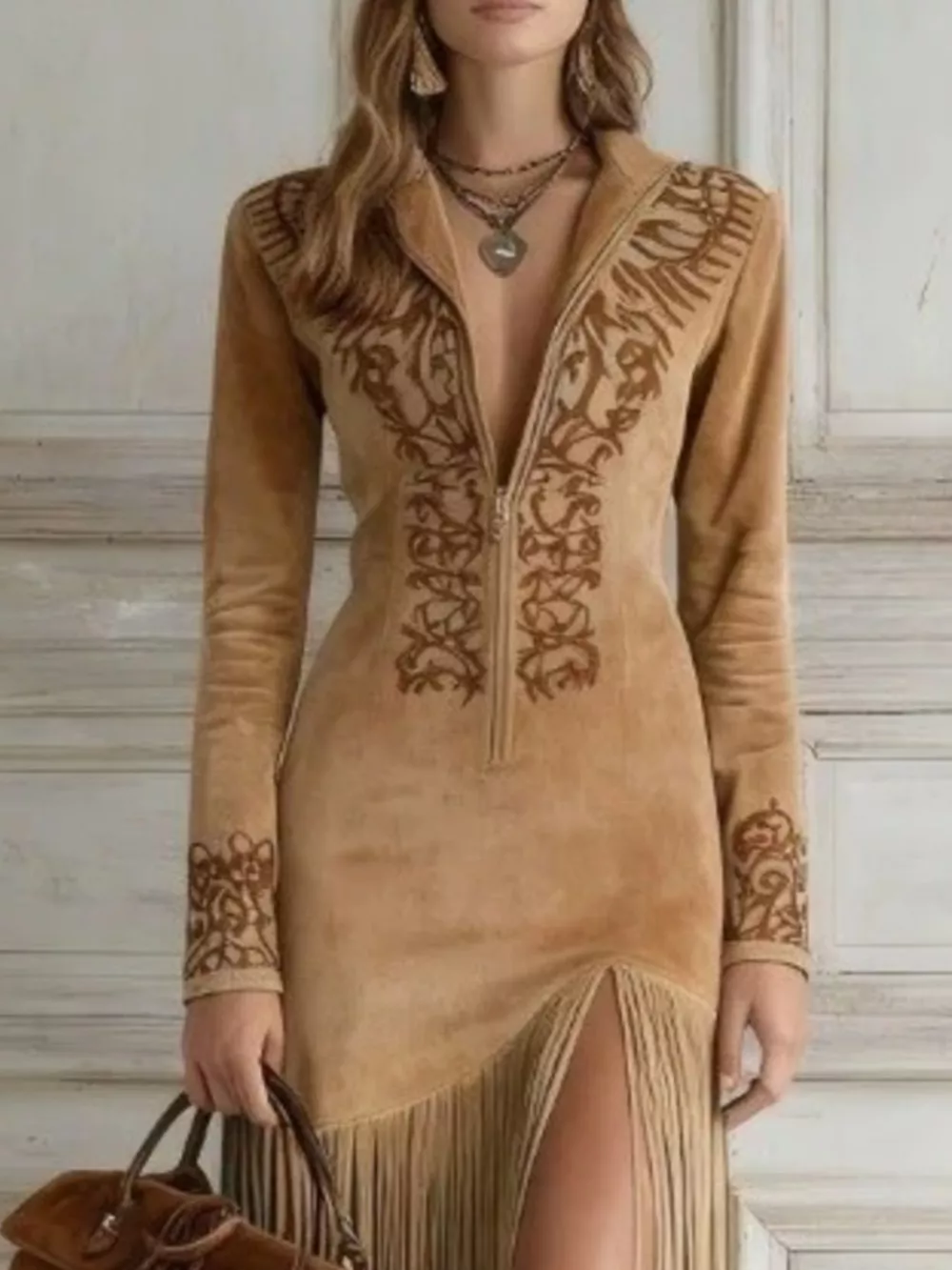 Full Size Western-Inspired Suede Fringed Maxi Dress with Embroidered Detailing Plus Size, image 2
