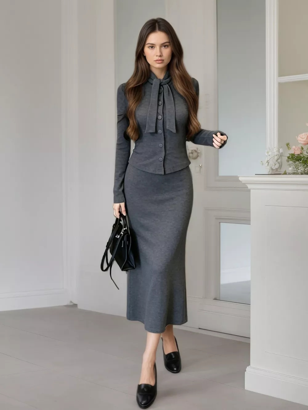 Tie Detail Button Down Top and Skirt Set, image 4
