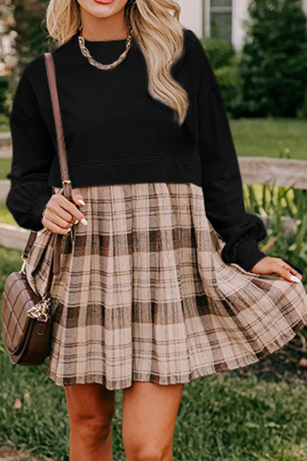 Plaid Round Neck Long Sleeve Mini Dress, image 6