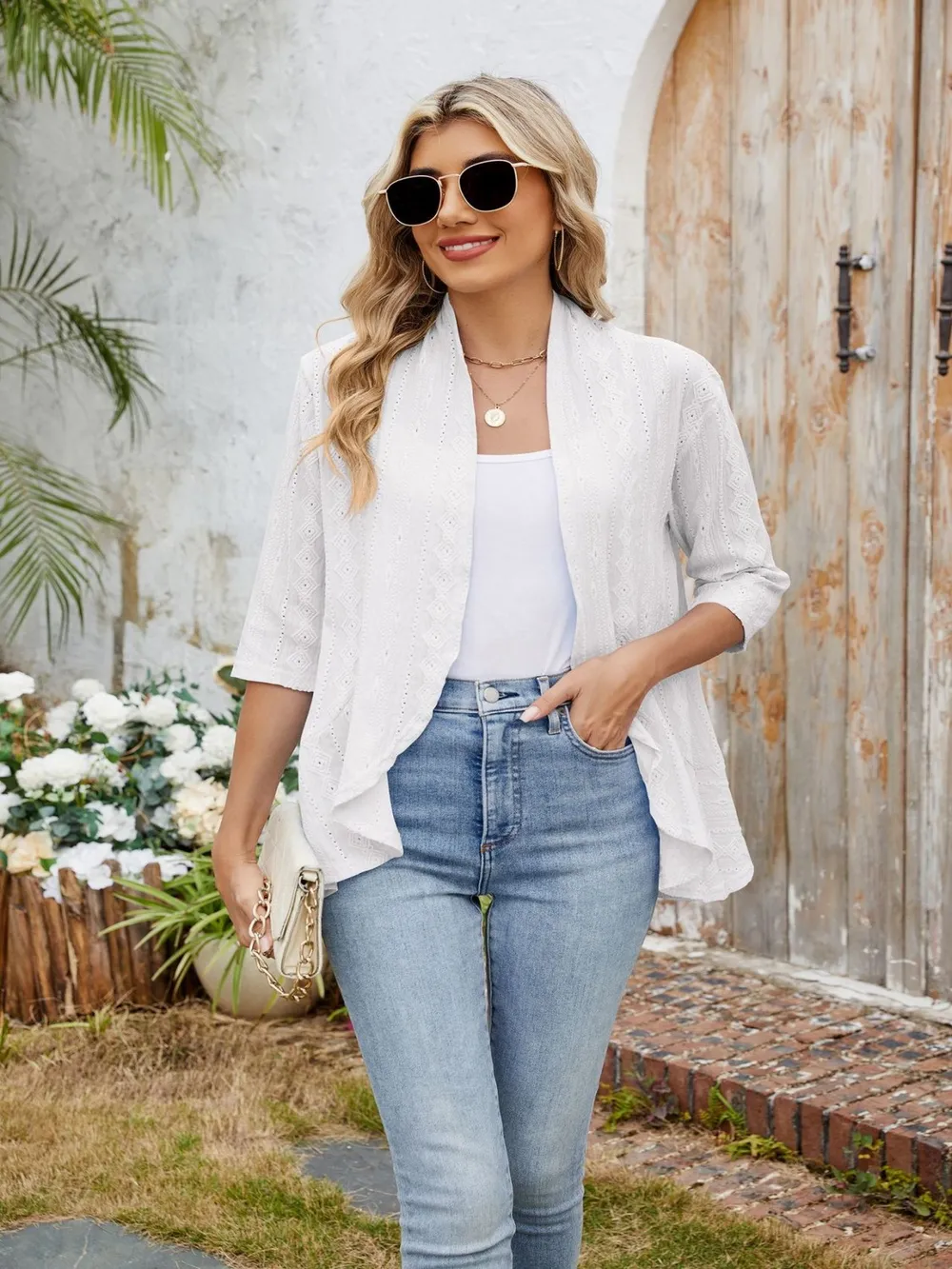 Eyelet Open Front Three-Quarter Sleeve Top, image 15