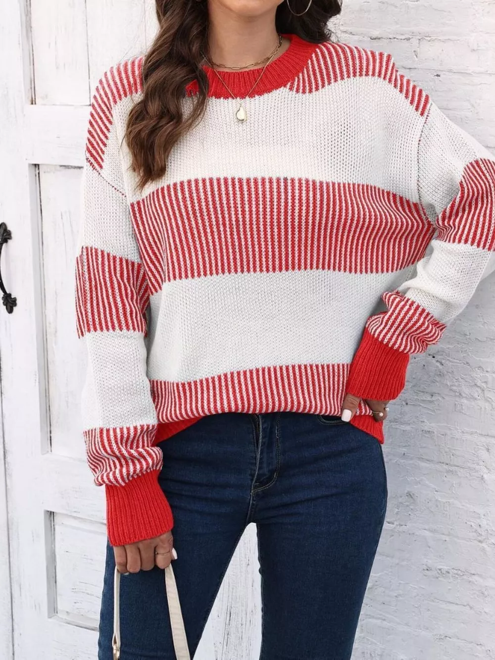Full Size Striped Color Block Crew Neck Sweater Plus Size
