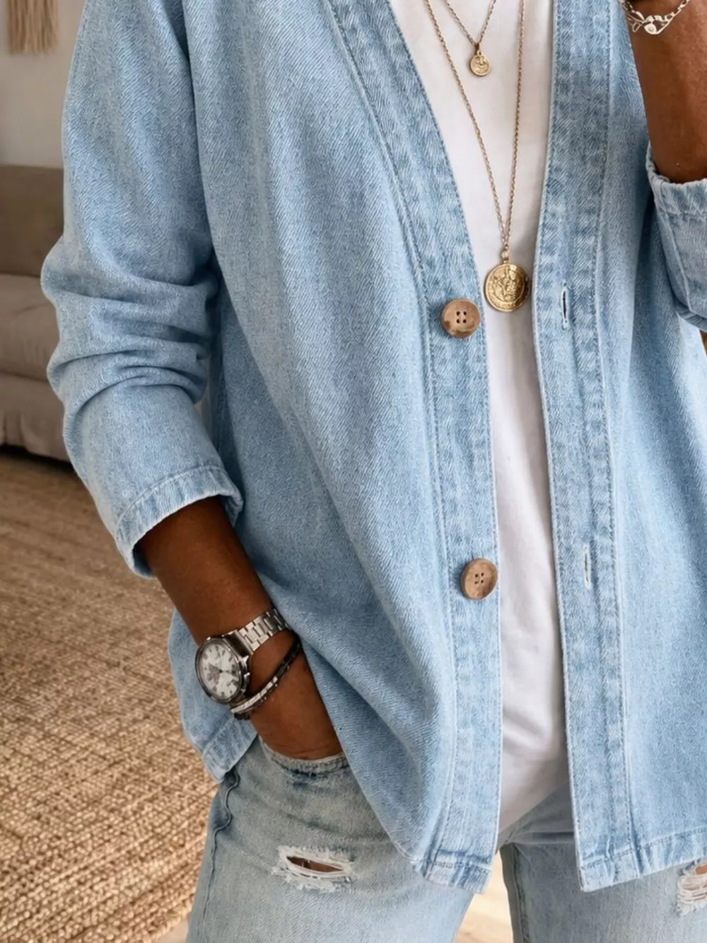 V-Neck Button-Down Denim Jacket, image 2