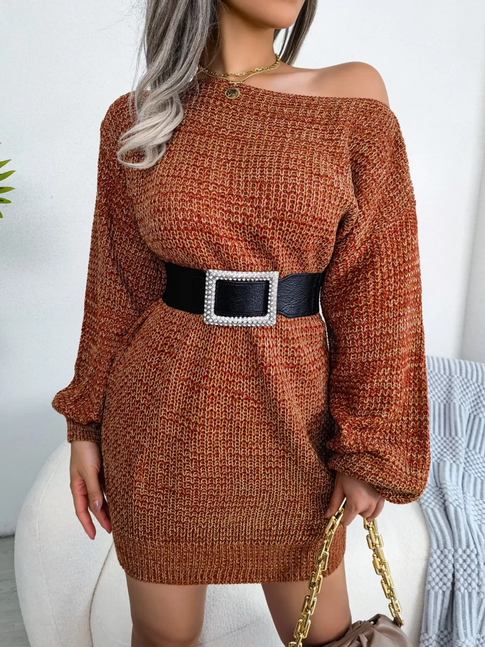 Multi-Color One-Shoulder Sweater Dress, image 12