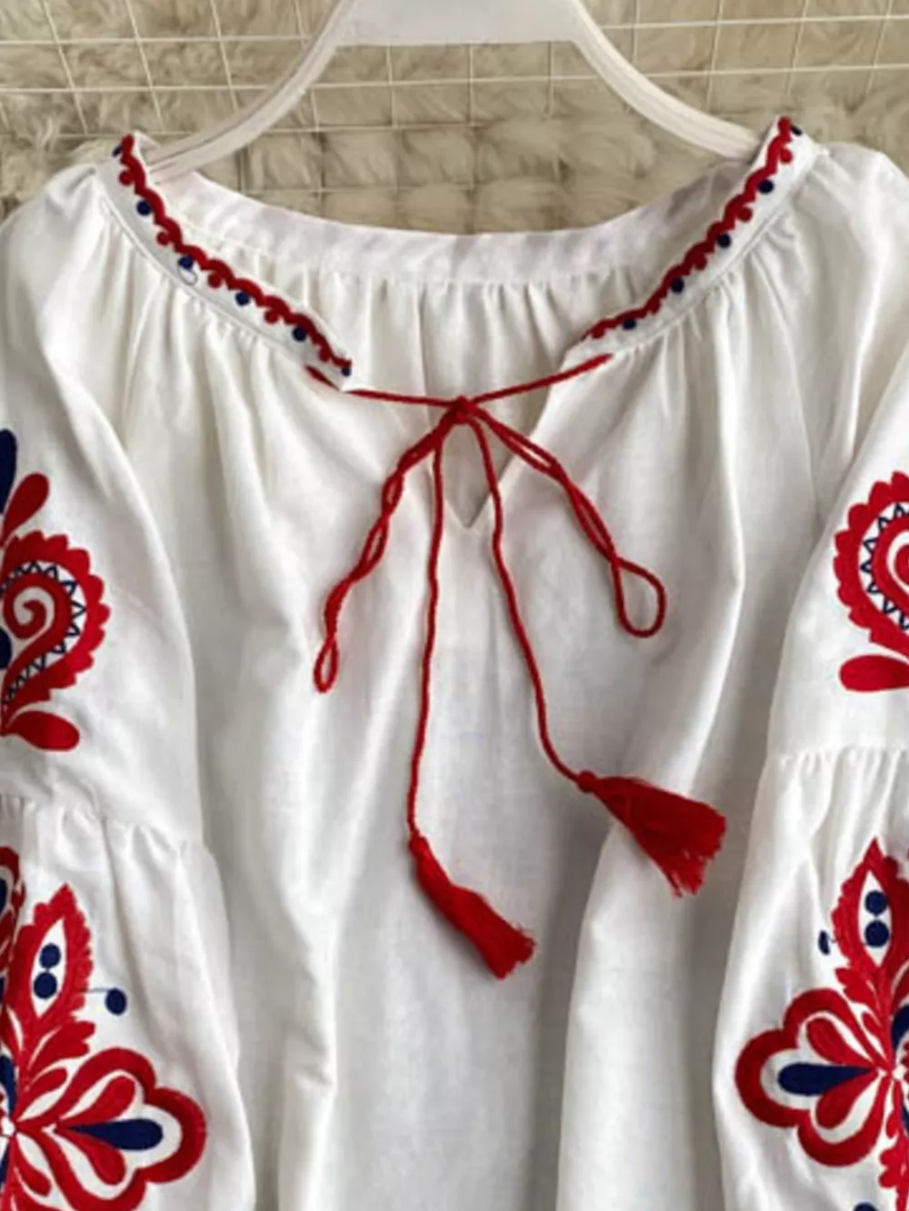 Embroidered Tassel Tie Neck Blouse, image 8