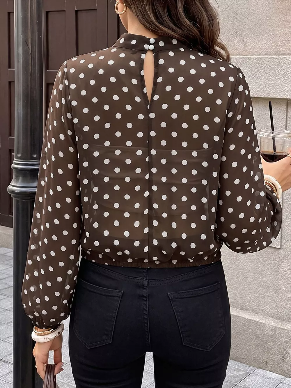 Polka Dot Mock Neck Long Sleeve Blouse, image 12