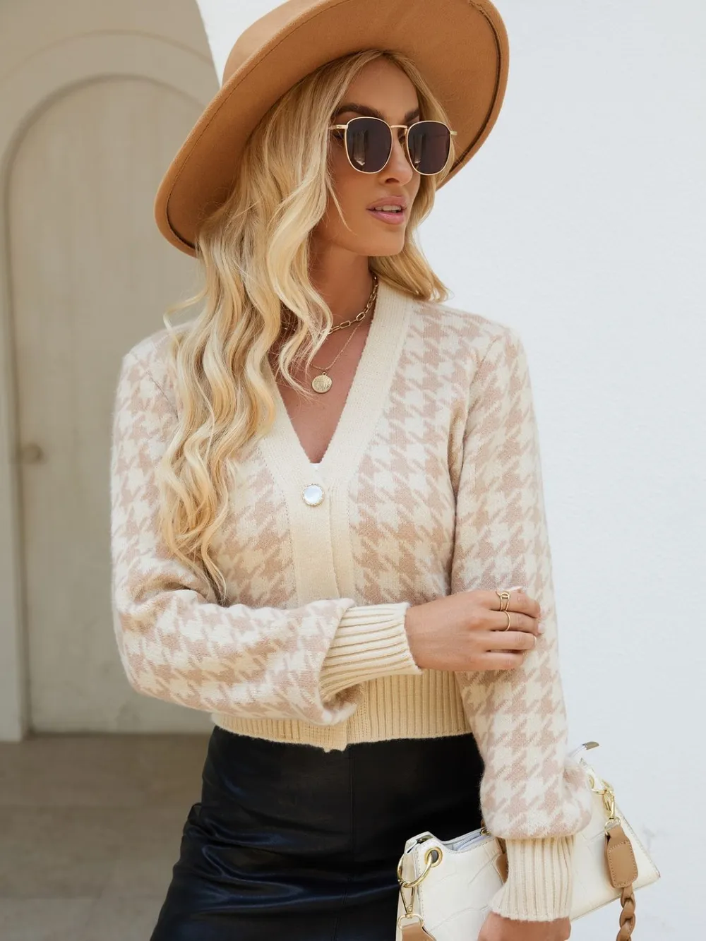 Houndstooth Button Up Long Sleeve Cardigan, image 3