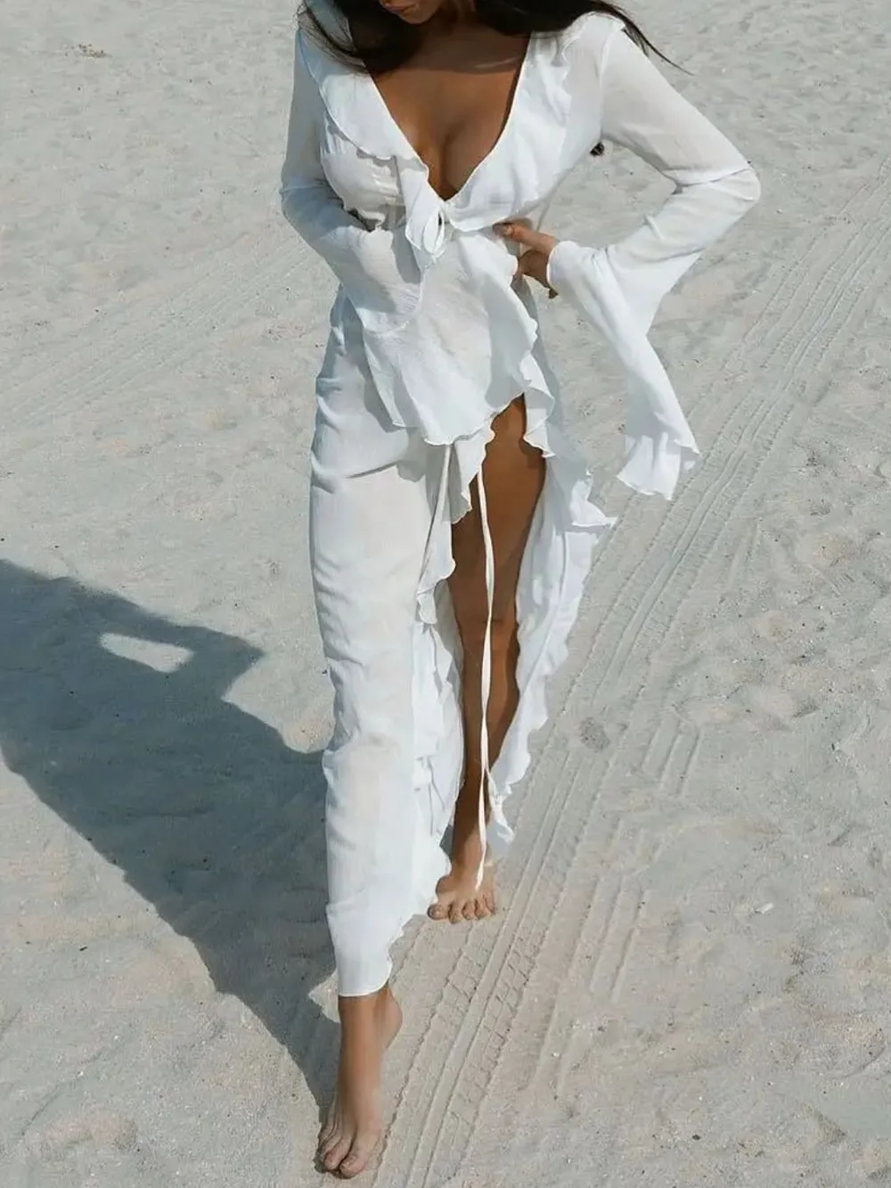Ruffled Long Sleeve Cover-Up Dress, image 2