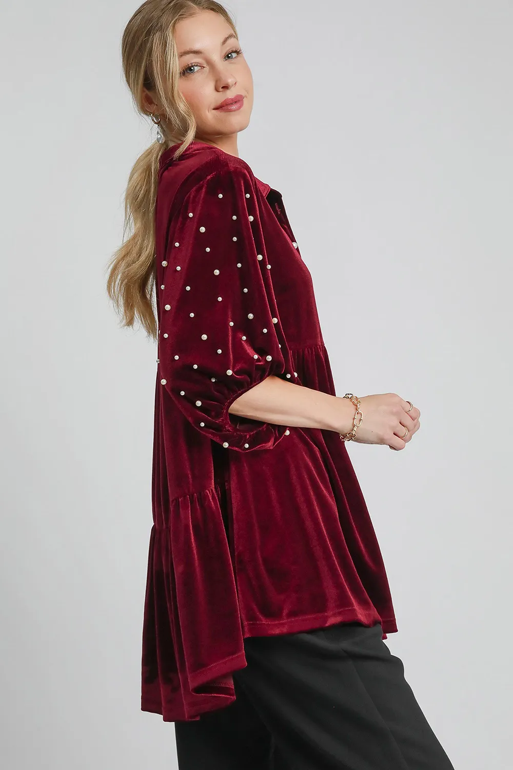 Pearl Detail Collared Neck Velvet Babydoll Blouse, image 3