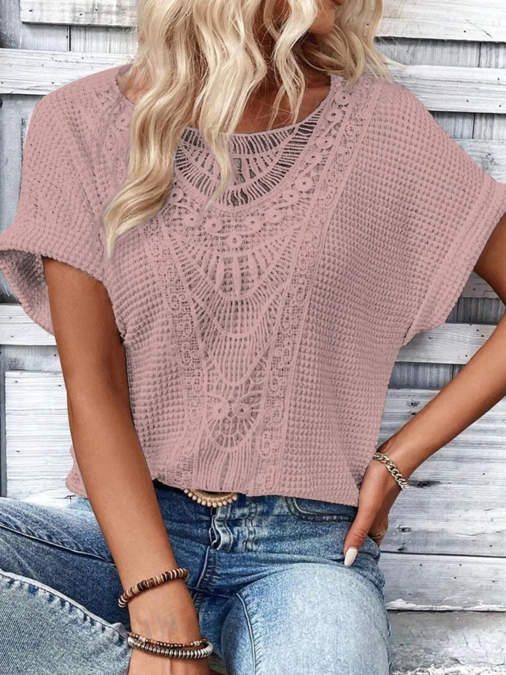 Crochet Lace Short Sleeve Casual T-Shirt, image 3