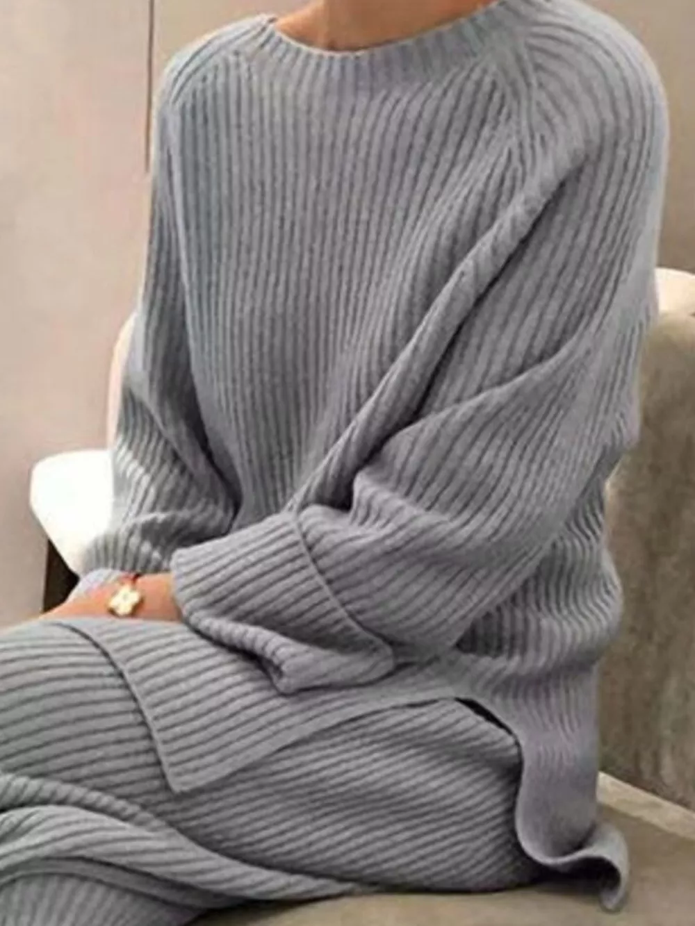 Full Size Ribbed Knit Relaxed Fit Top and Pants Sweater Set Plus Size, image 3