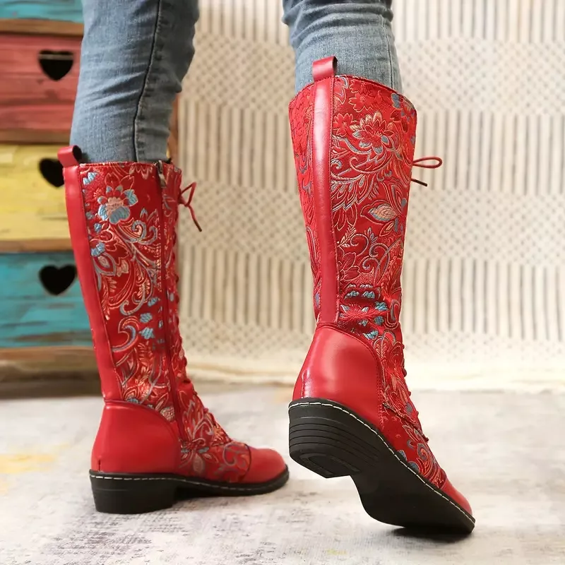 Embroidered Lace-Up Knee High Boots, image 4