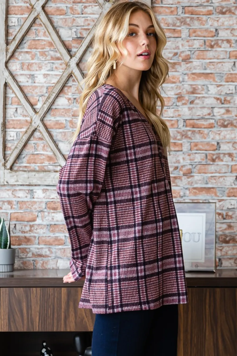 Full Size Plaid V-Neck Long Sleeve Top, image 3