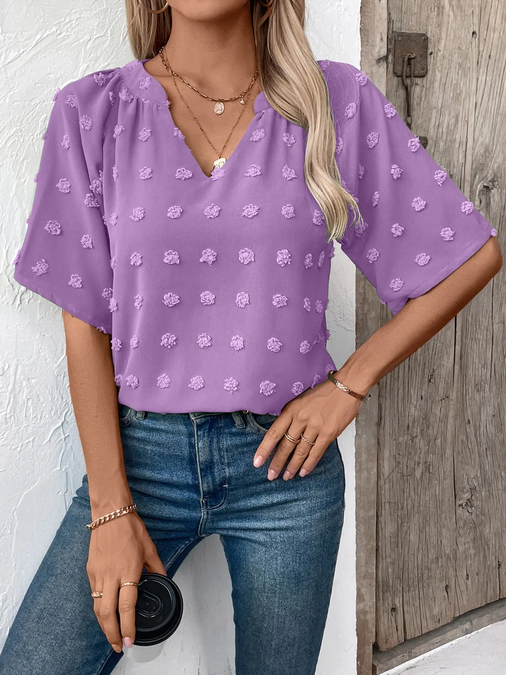 Swiss Dot Notched Half Sleeve Blouse, image 7