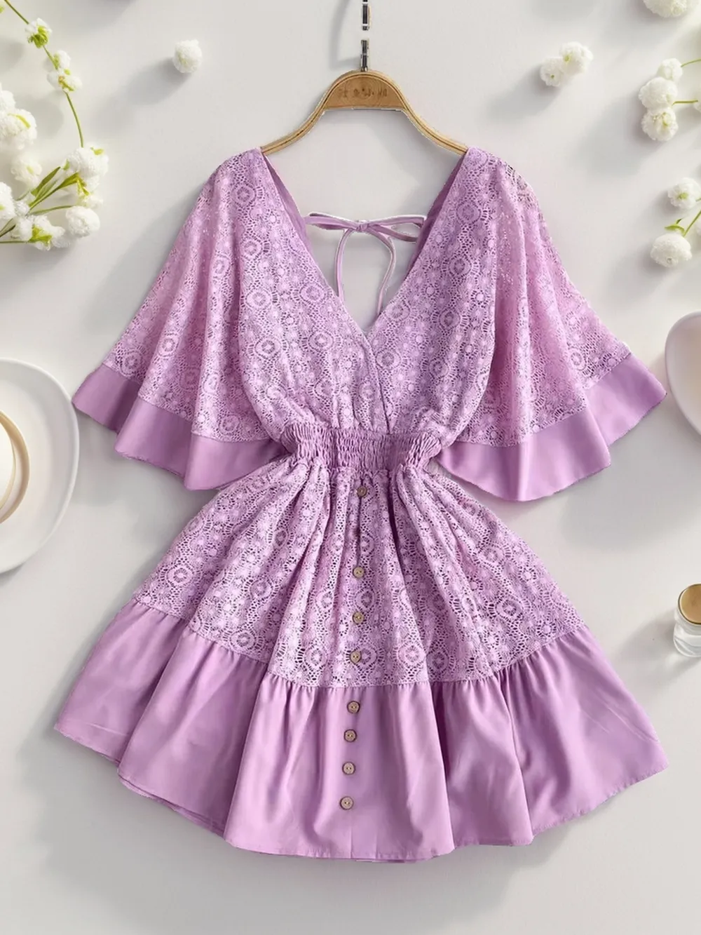 Ruffle Hem Tie Back Lace Mini Dress, image 4