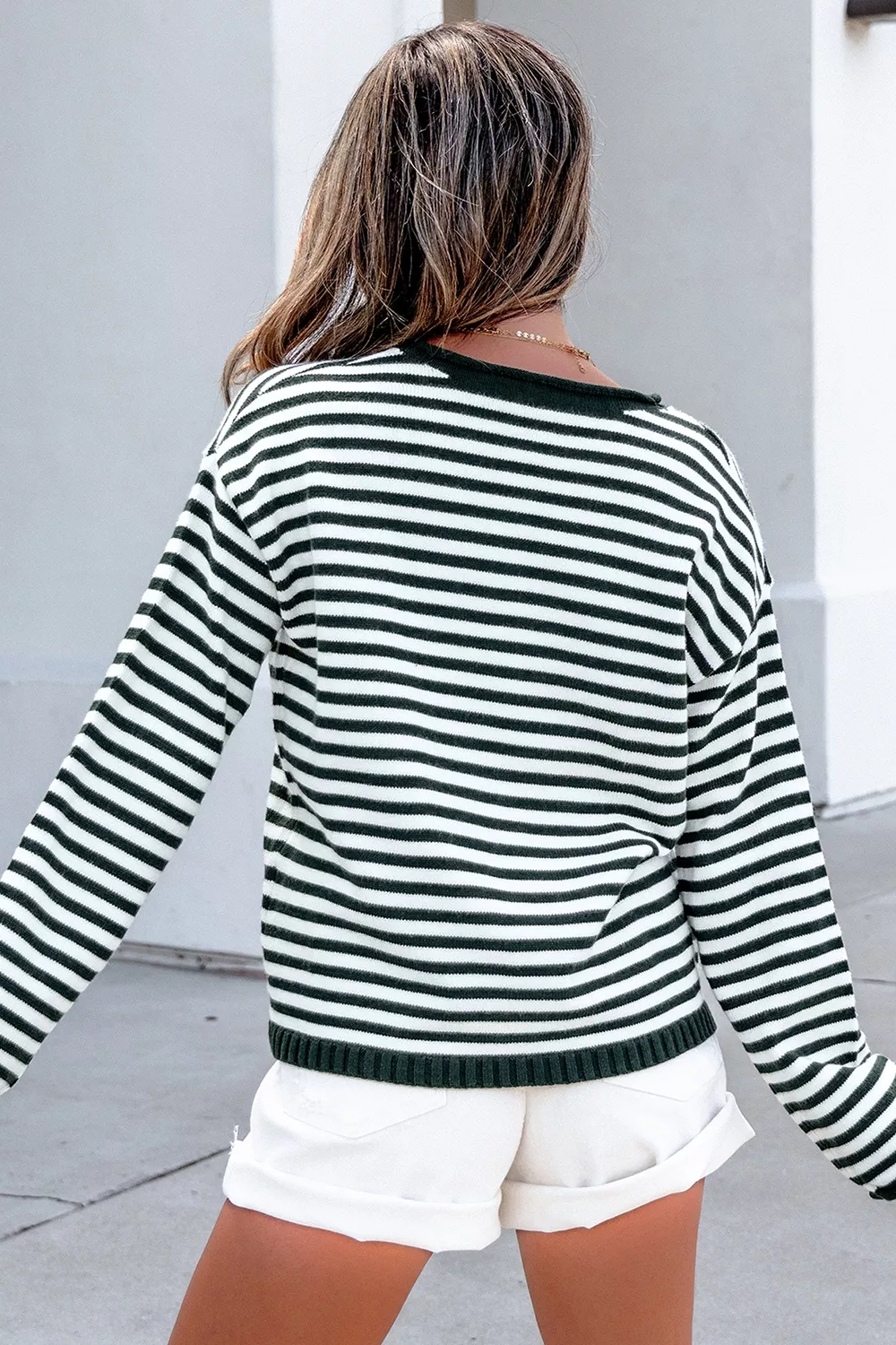 Striped Button Placket Drop Shoulder Long Sleeve Sweater, image 14