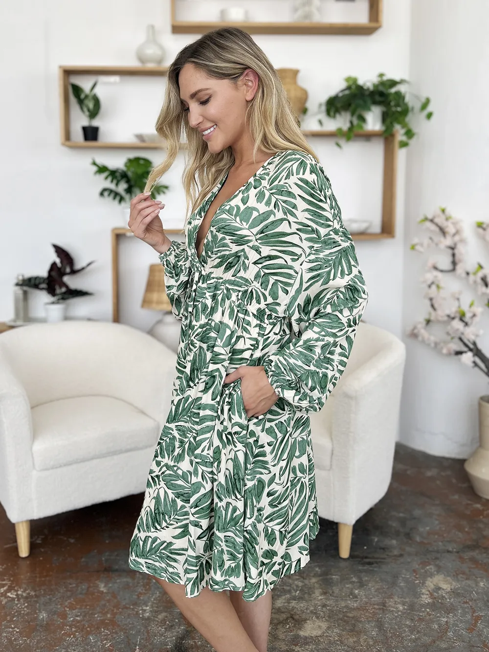 Full Size Printed Ruched Balloon Sleeve Dress, image 7