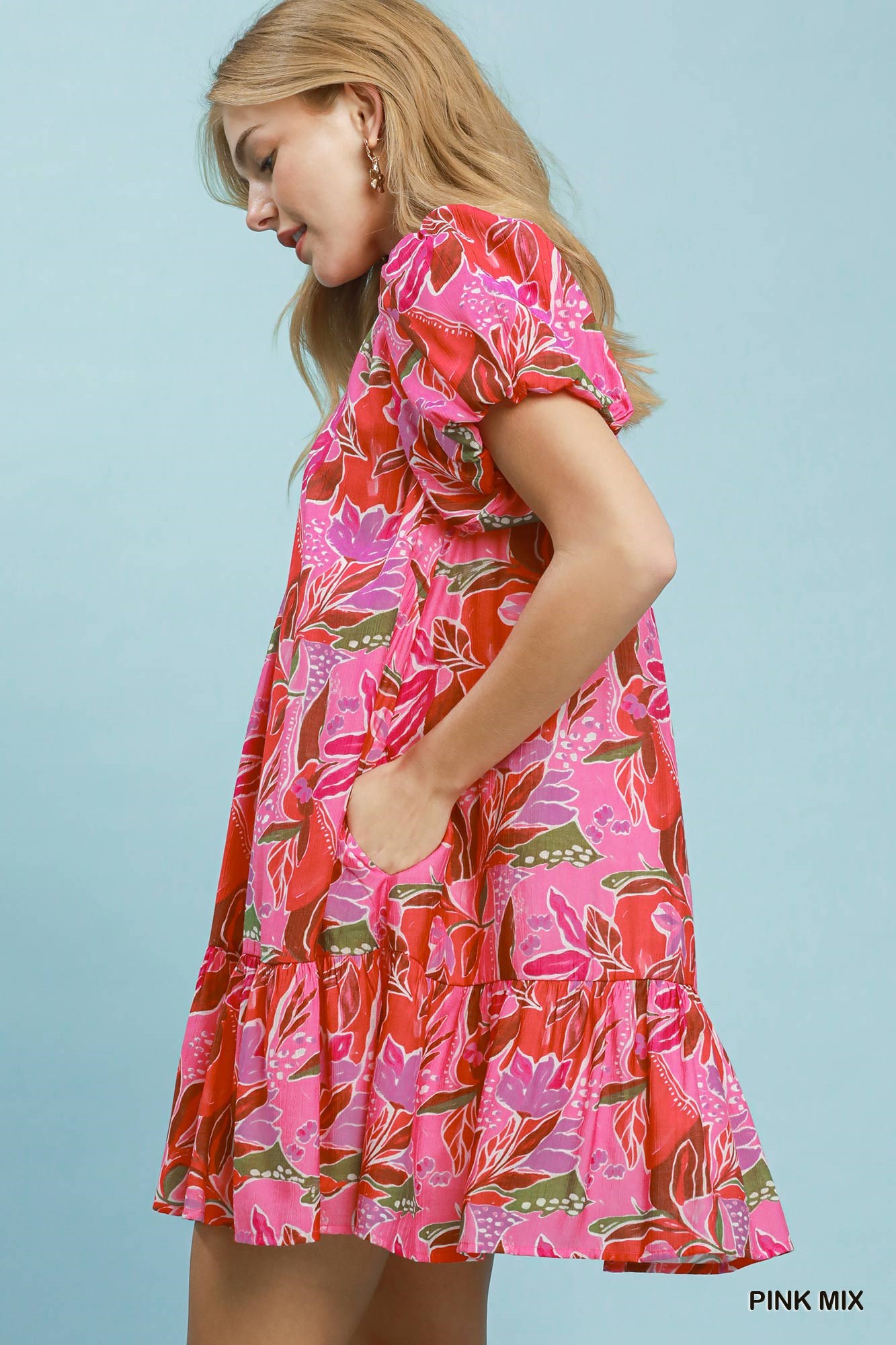 Tropical Floral Puff Sleeve Tiered Mini Dress, image 2