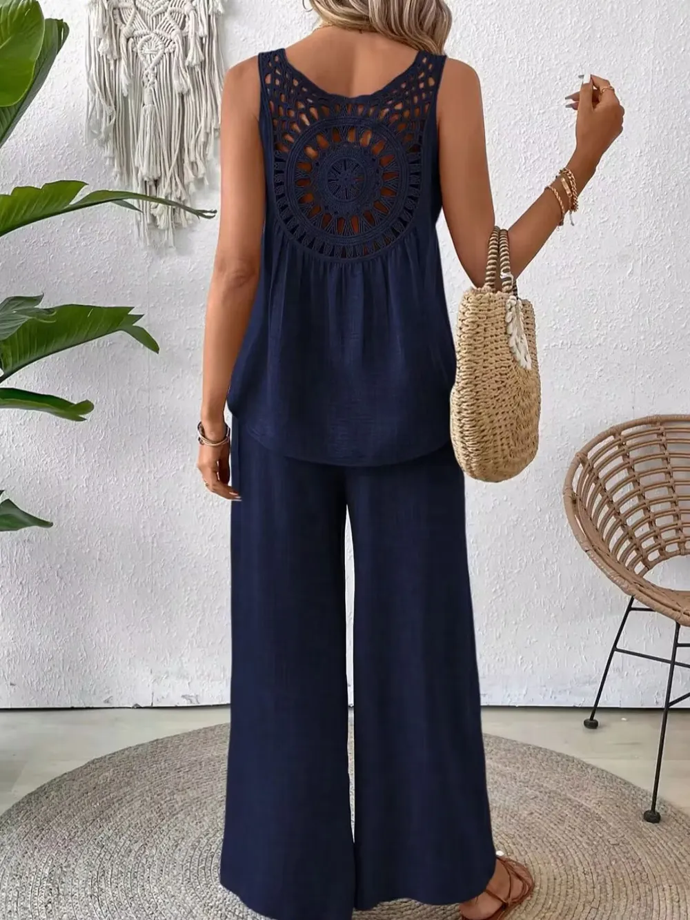 Round Neck Tank and Wide Leg Pants Set, image 3
