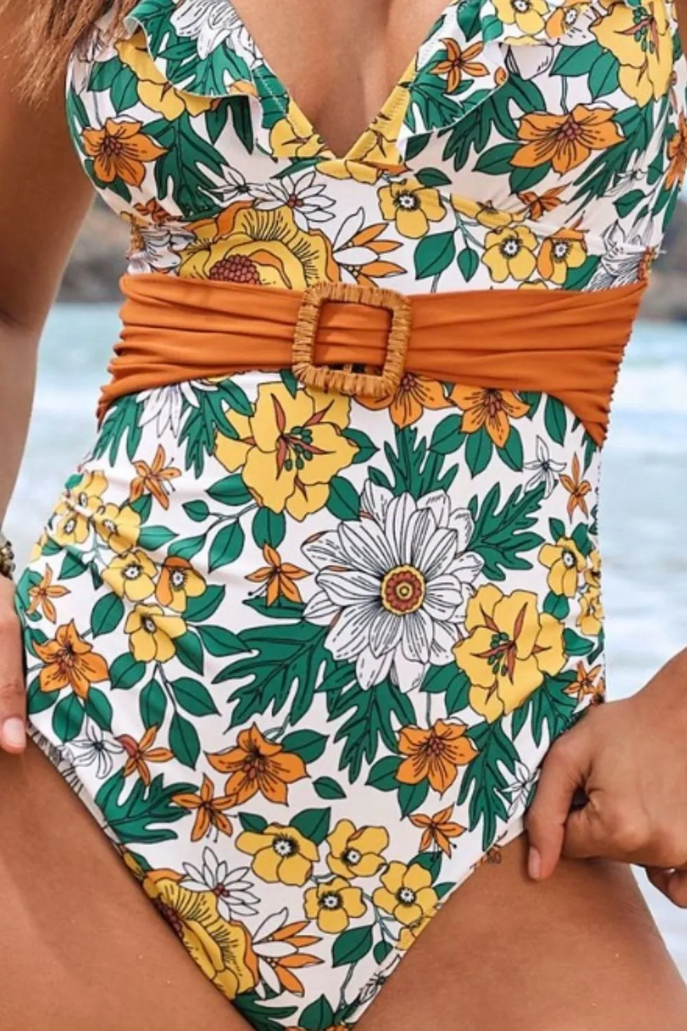 Ruffled Plunge Floral One-Piece Swimwear, image 2