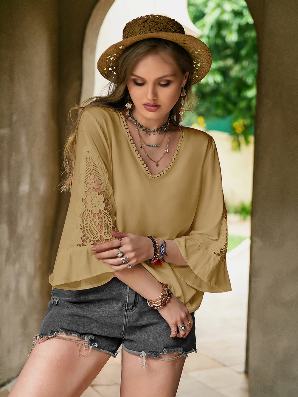Plus Size Lace Detail V-Neck Flounce Sleeve Blouse, image 3