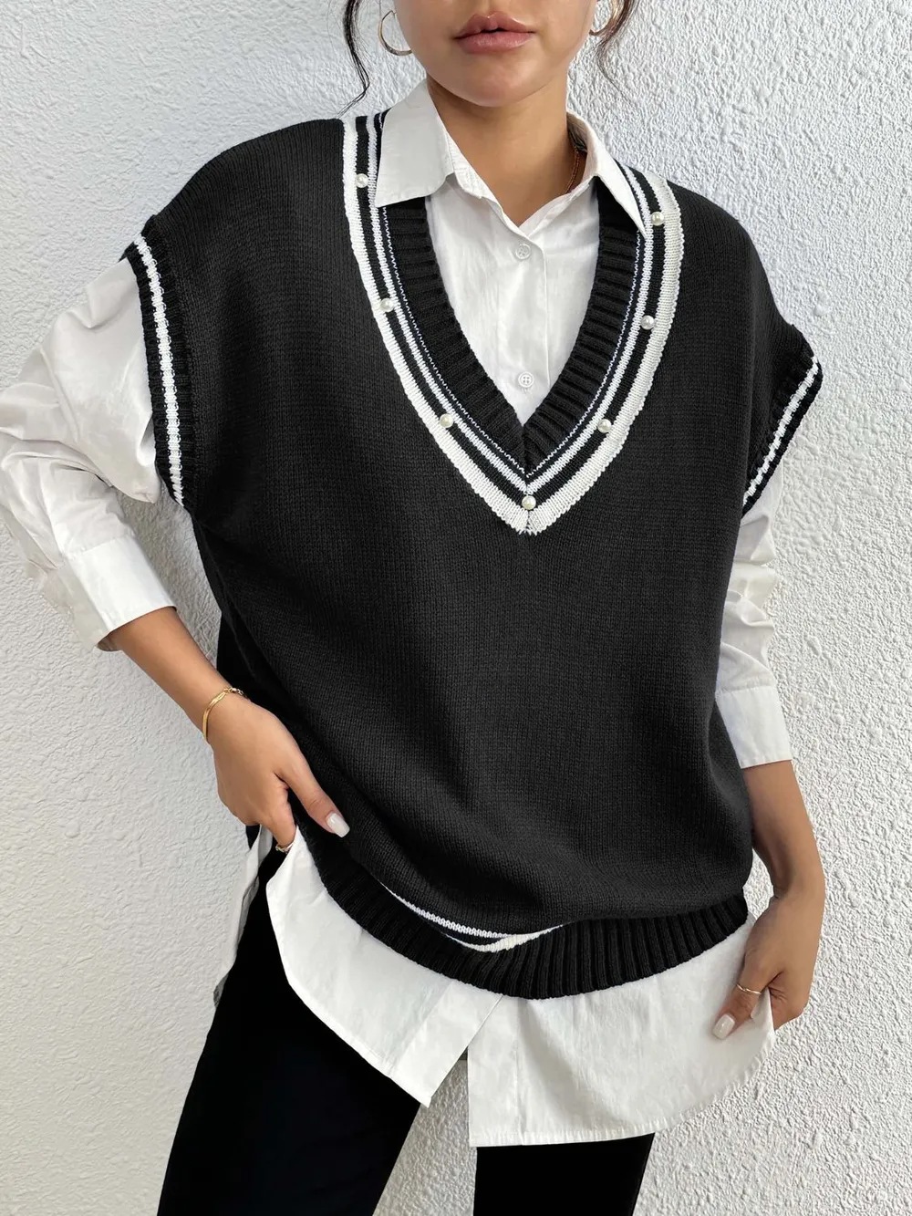 Pearl Trim Contrast V-Neck Sweater Vest, image 11