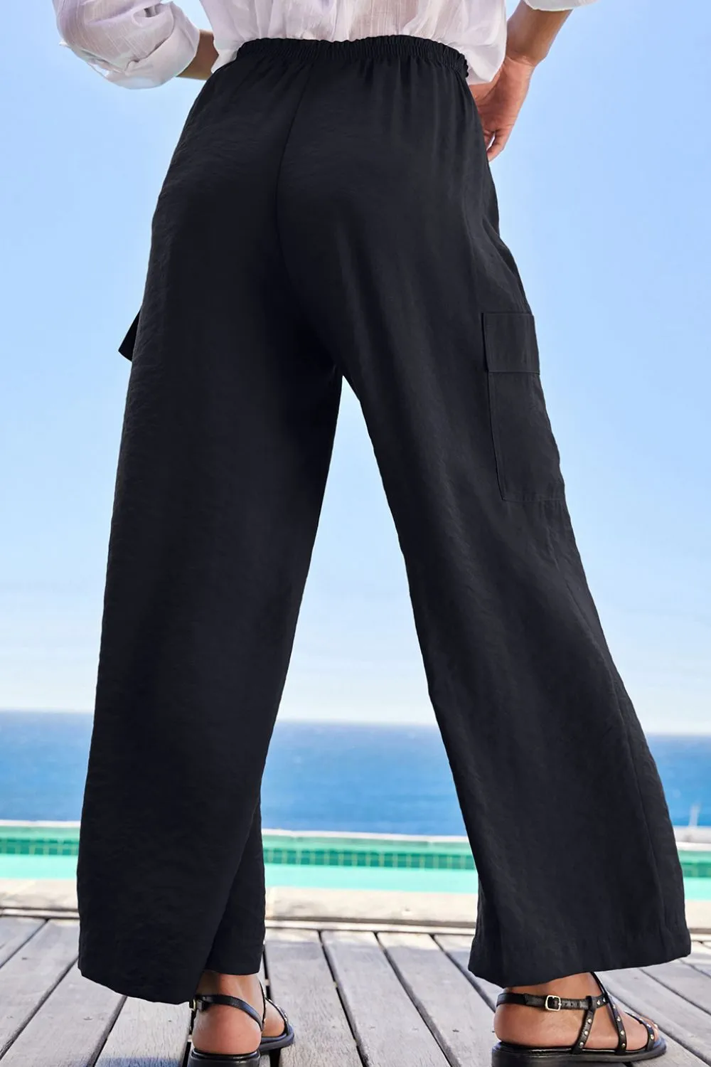 Drawstring Frilled Waist Wide Leg Utility Trousers, image 7