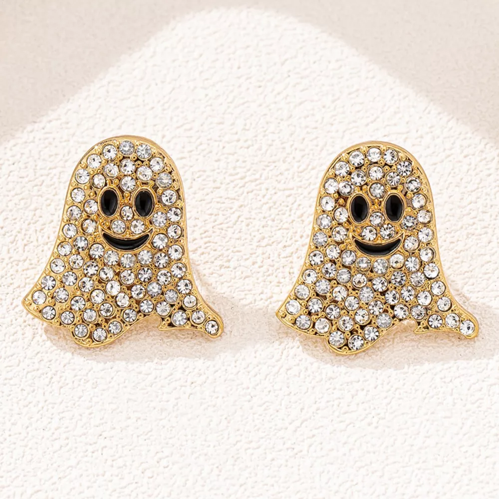 18K Gold-Plated Rhinestone Halloween Ghost Earrings, image 2