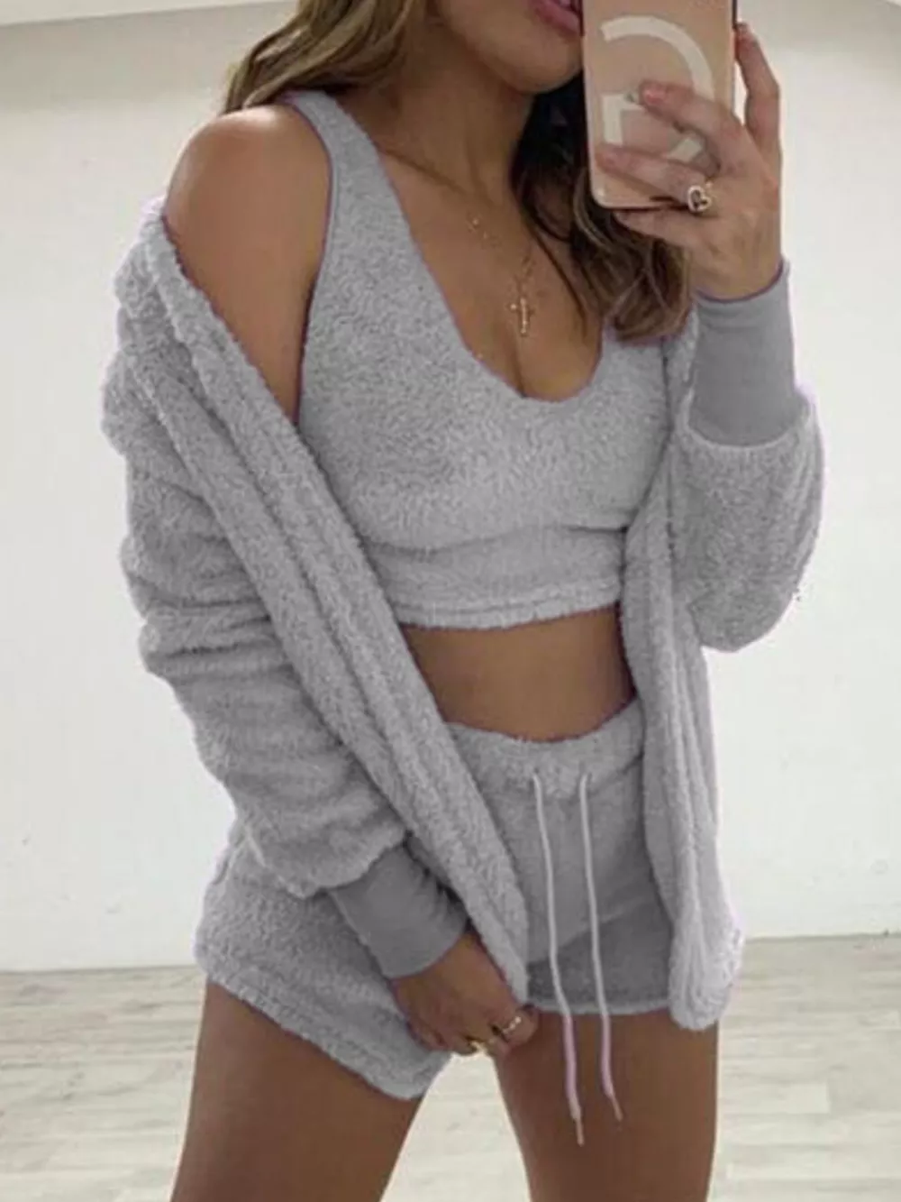 Full Size Fuzzy Tank & Cardigan and Shorts Three-Piece Set Plus Size, image 10