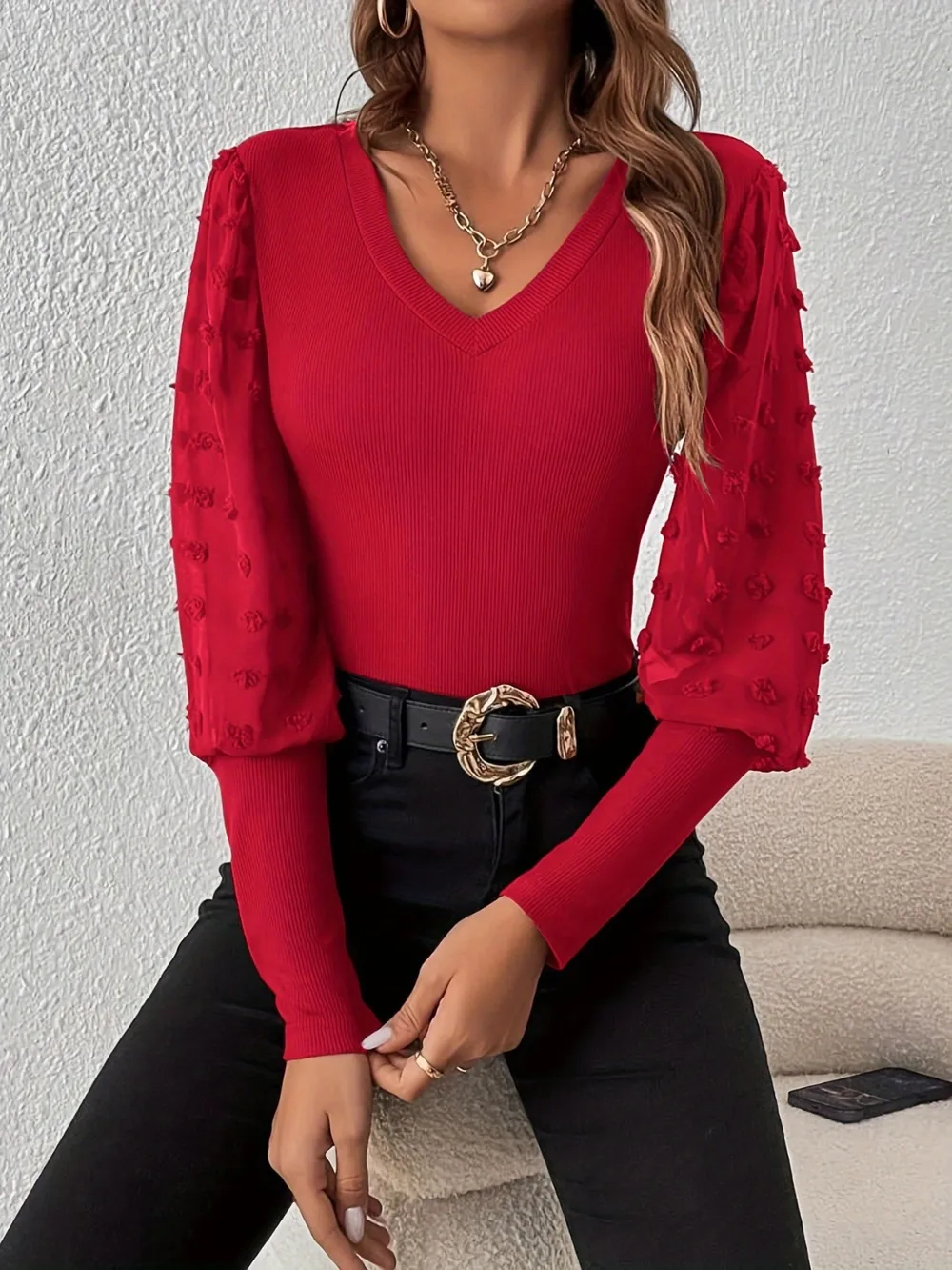 Swiss Dot V-Neck Long Sleeve Top, image 4