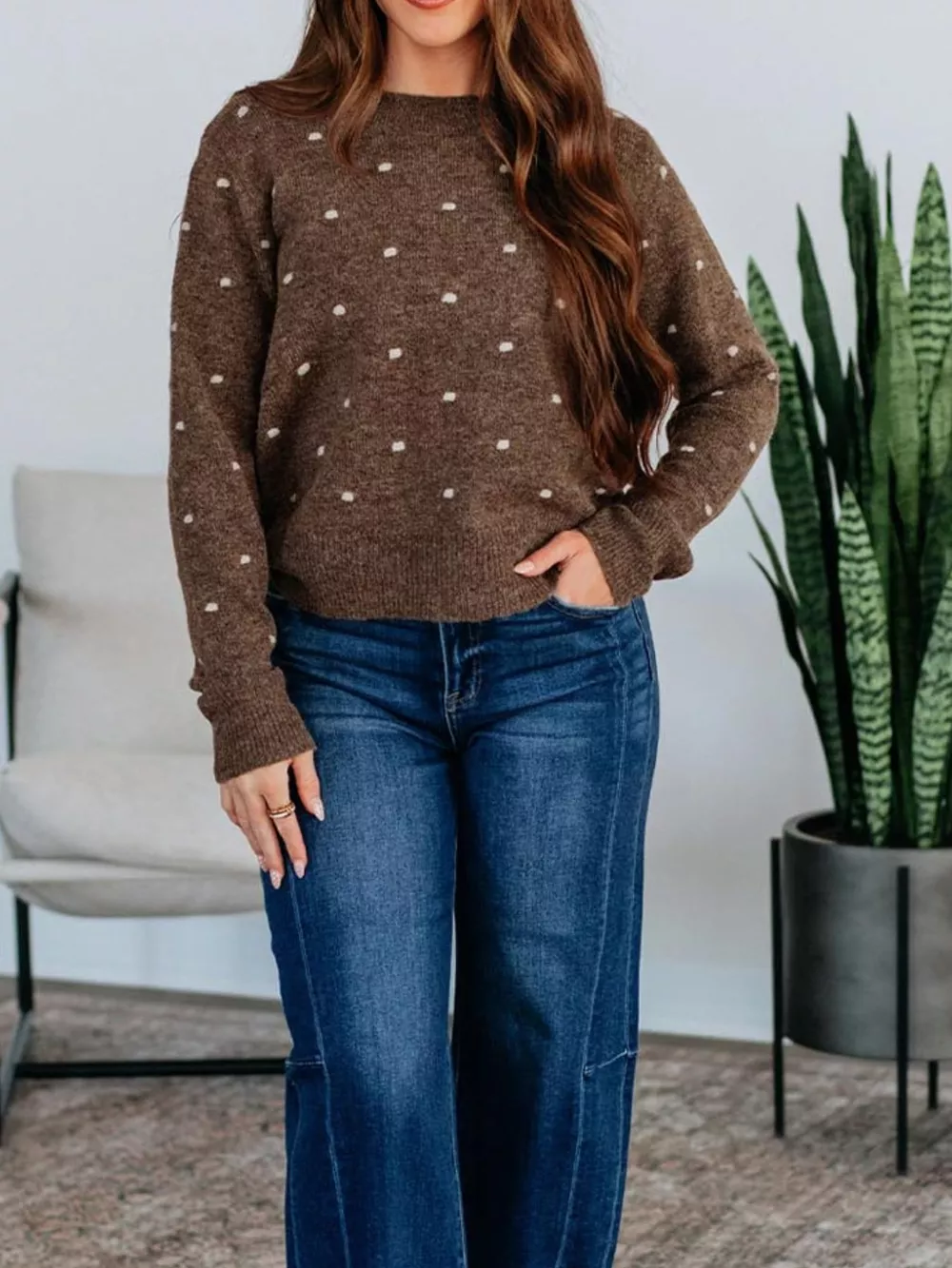 Dotted Print Ribbed Edge Knit Sweater, image 3