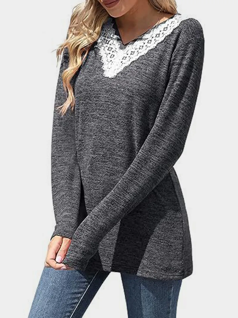 Lace Detail V-Neck Long Sleeve T-Shirt, image 8