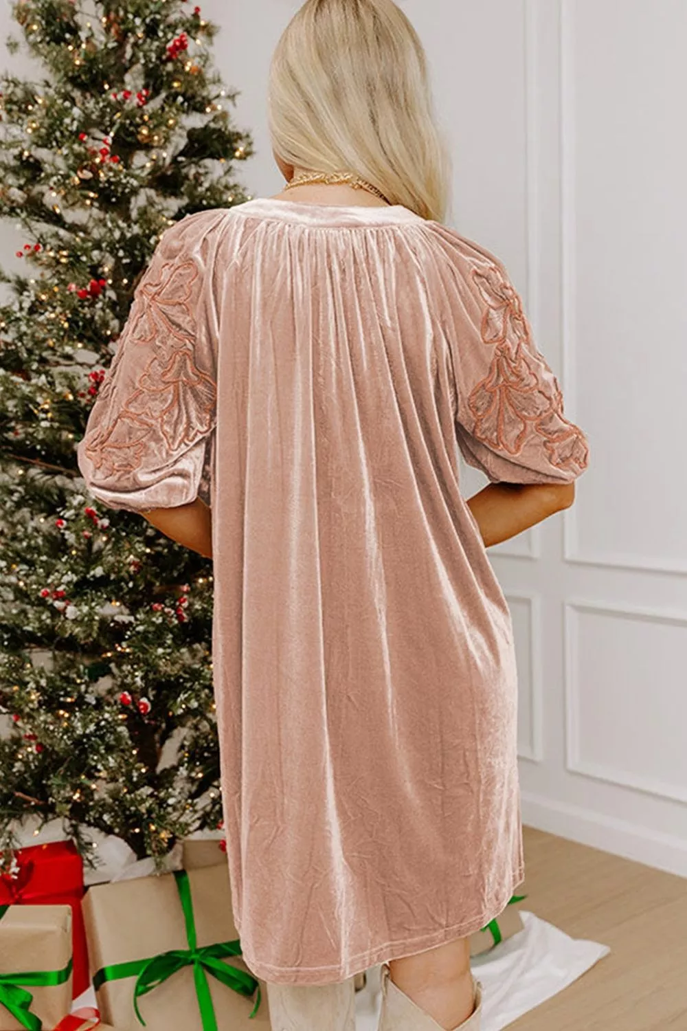 Embroidered‑Sleeve Velvet Mini Shift Dress, image 6