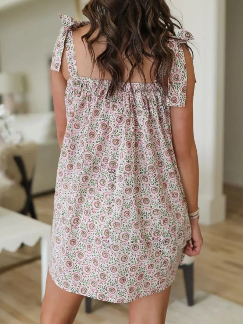 Printed Square Neck Tie Shoulder Mini Dress, image 4