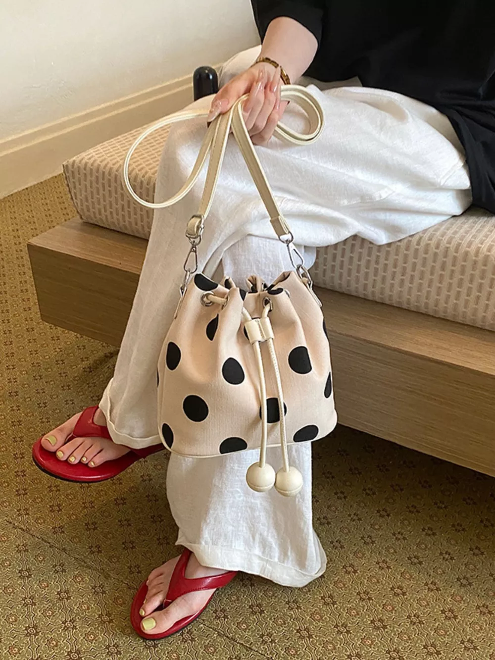 Polka Dot Drawstring Bucket Crossbody Bag, image 7