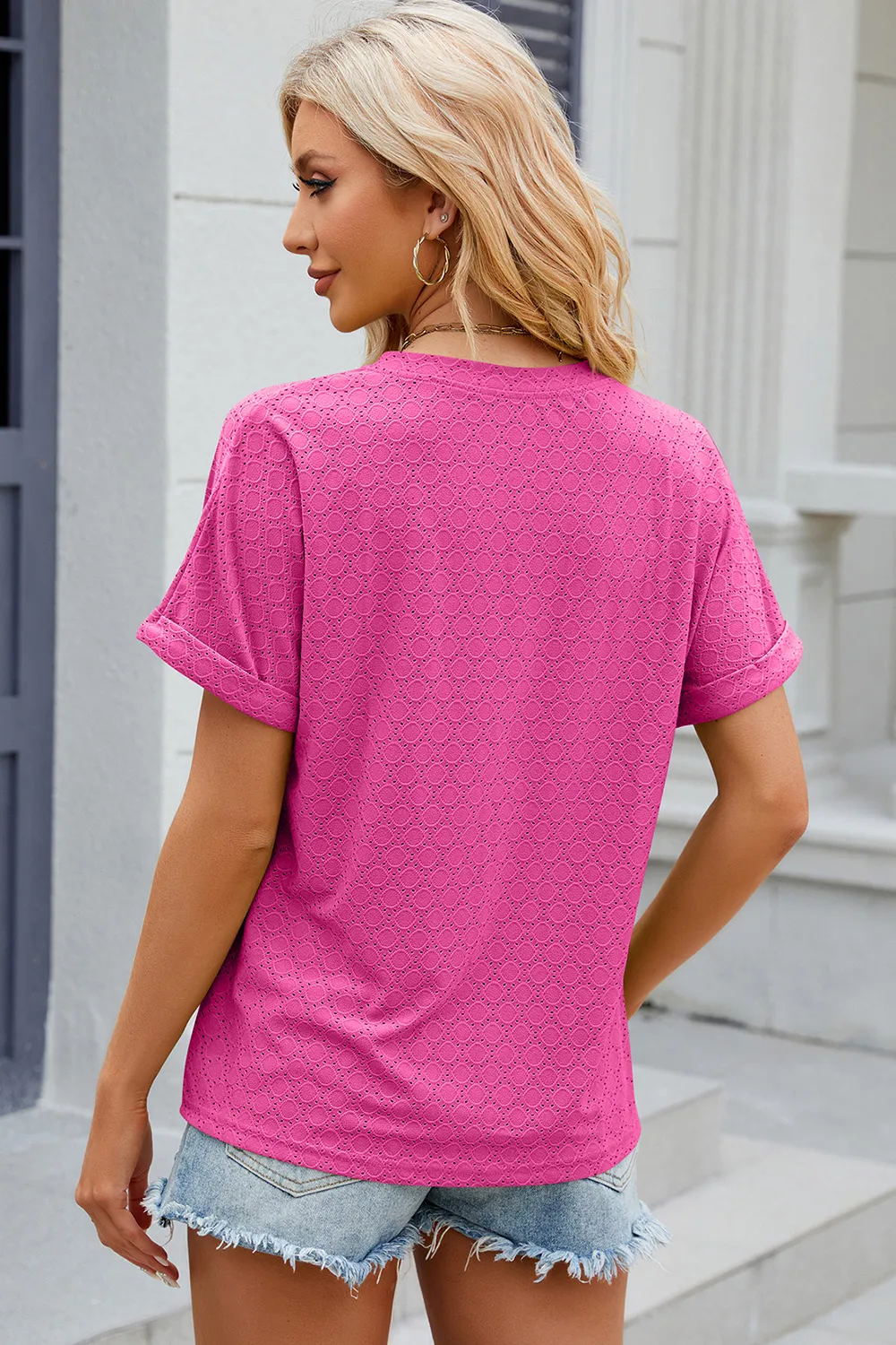 Eyelet Notched Short Sleeve T-Shirt, image 8