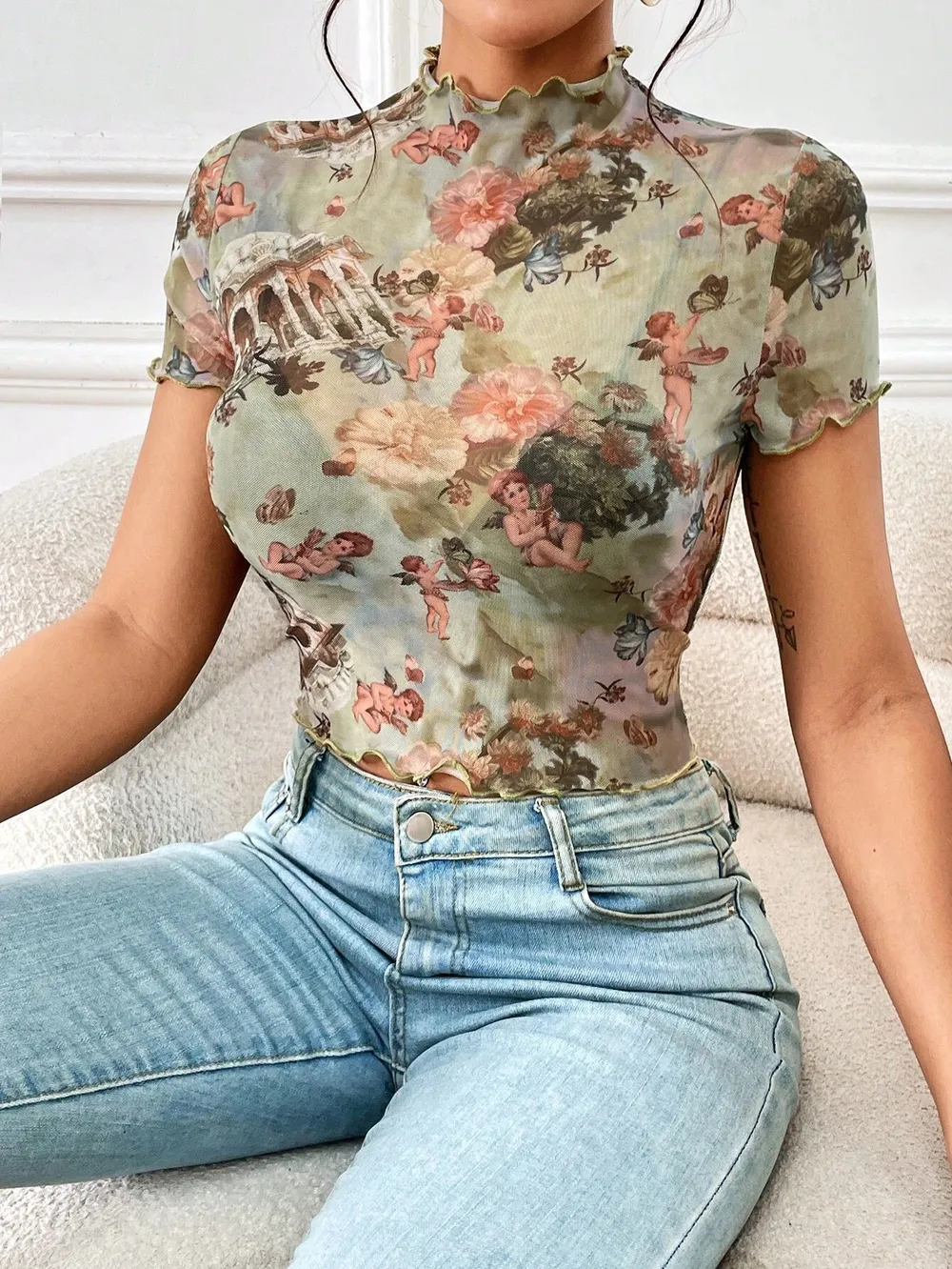 Abstract Print Ruffled Mock Neck Crop T-Shirt, image 6