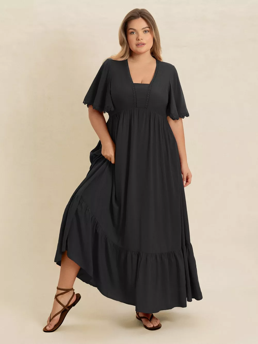 Plus Size Boho Ruffled Maxi Dress with Flutter Sleeves, image 3