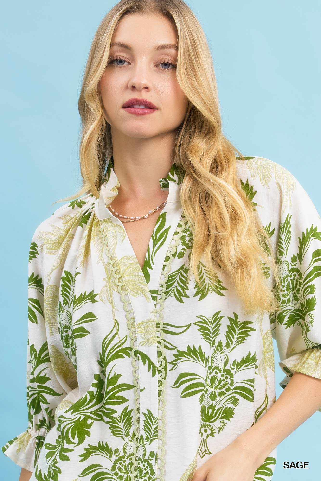 Leafy Damask Print Blouse with Contrast Scalloped Trim Detail, image 5