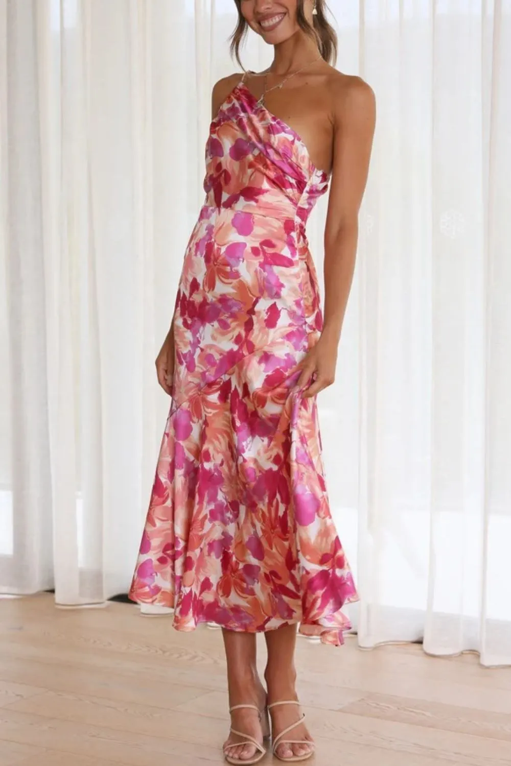 Ruched Printed Single Shoulder Midi Dress, image 4
