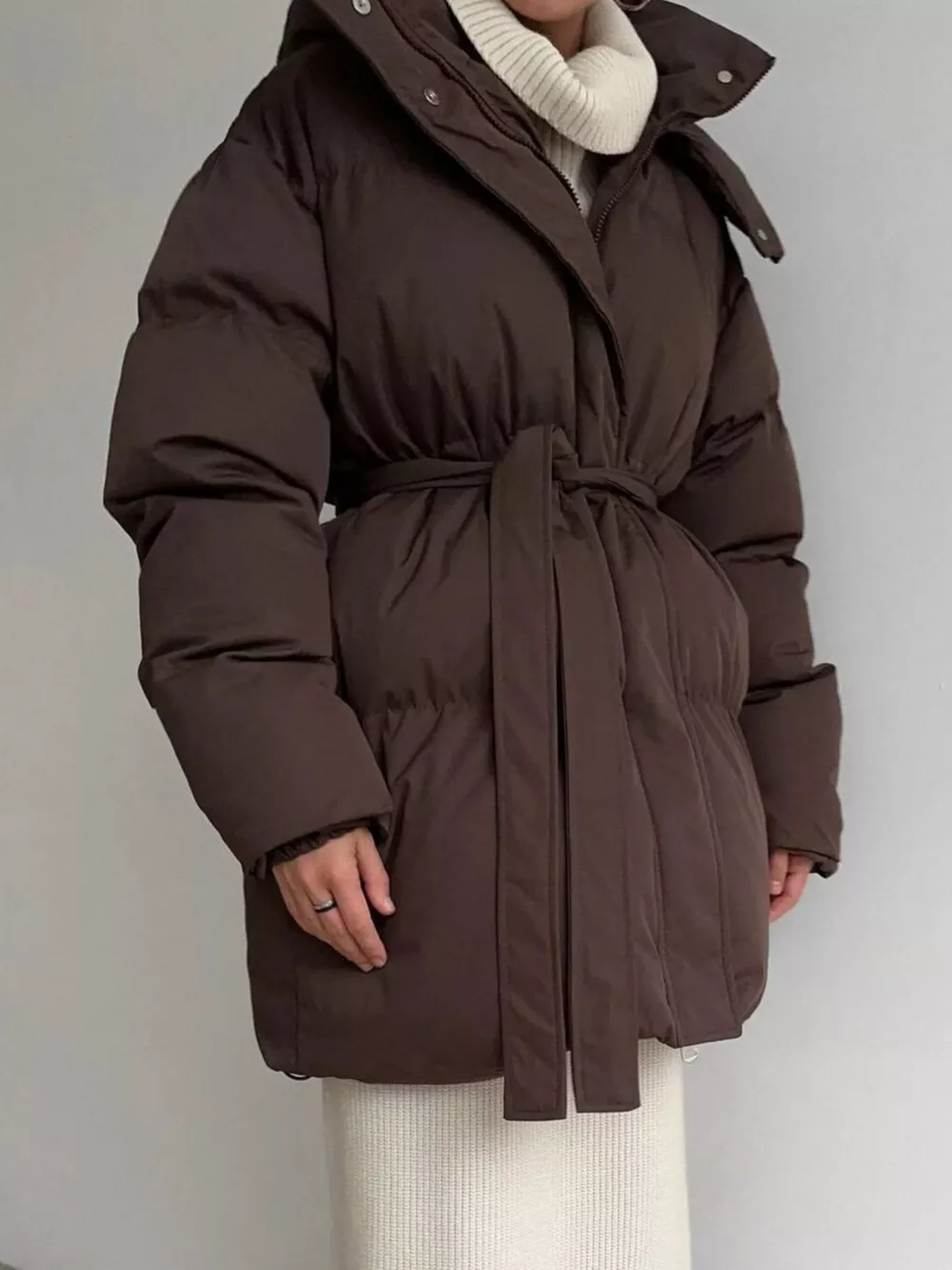 Mid-Length Thickened Hooded Winter Coat with Belted, image 4