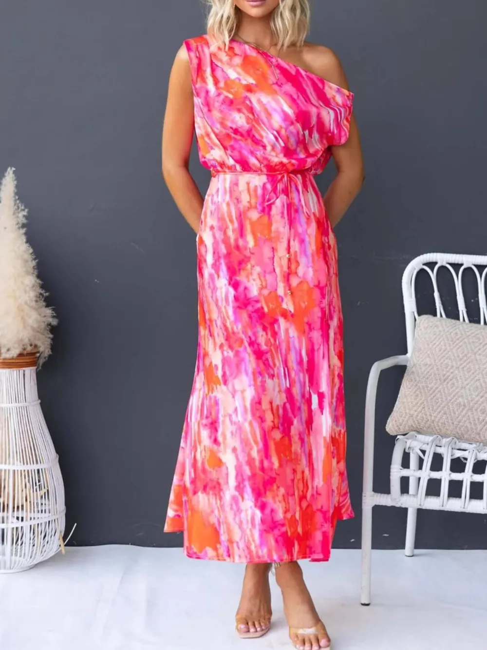 One Shoulder Printed Dress with Slit, image 8