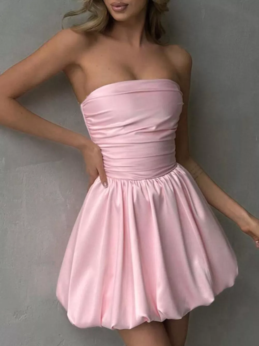 Strapless Ruched Mini Bubble Dress, image 4