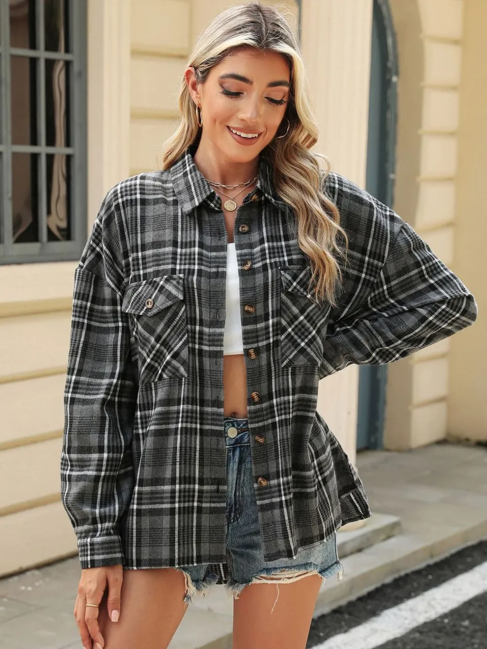 Pocketed Plaid Collared Neck Long Sleeve Shirt, image 16
