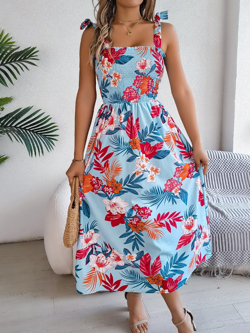 Smocked Floral Tie Shoulder Midi Dress, image 4