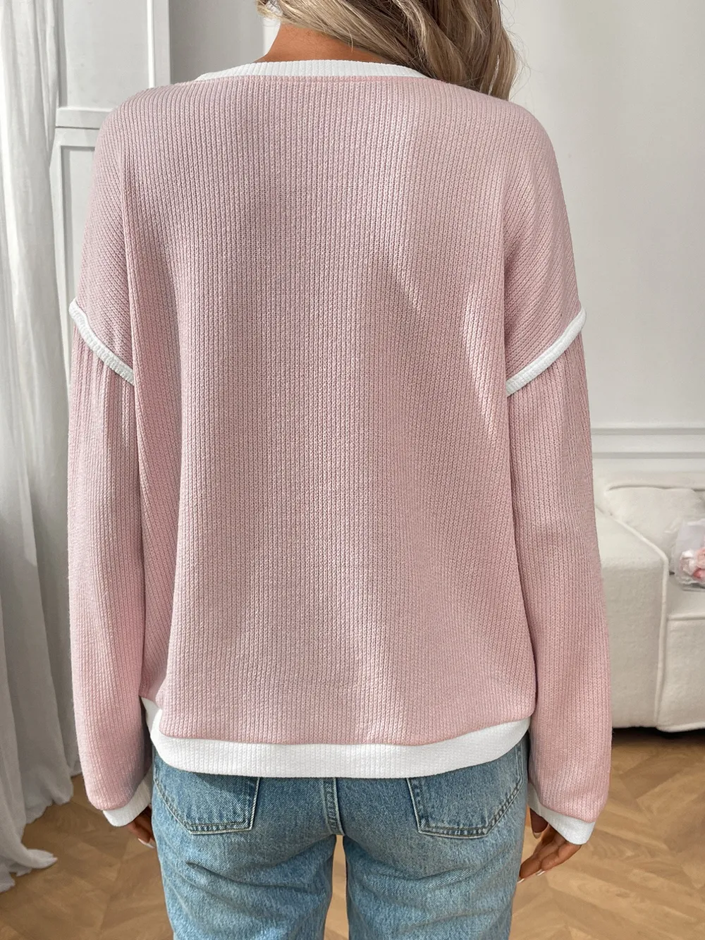 Ribbed Contrast Trim Long Sleeve Top, image 9