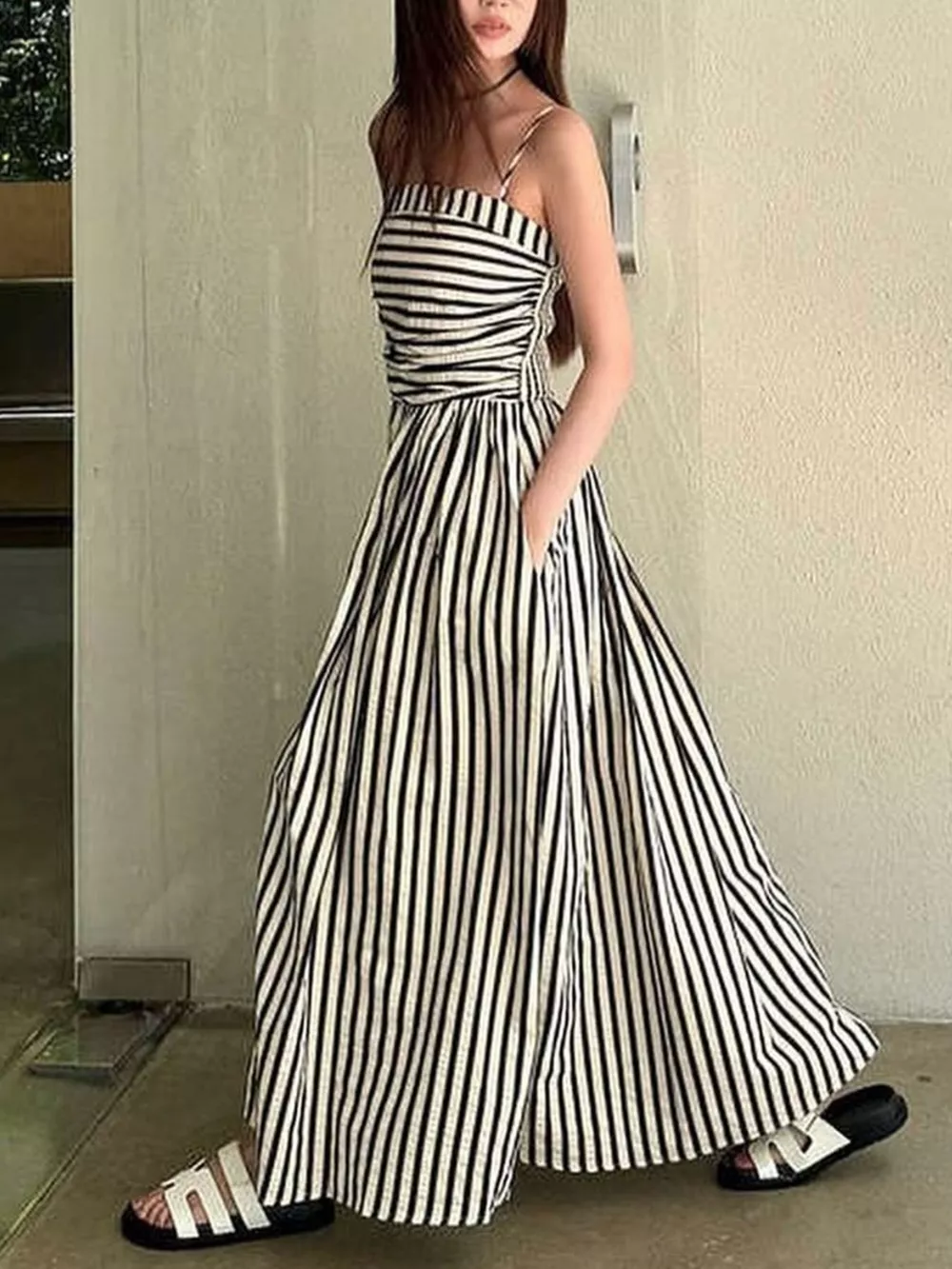 Striped Spaghetti Strap Casual Maxi Dress, image 5