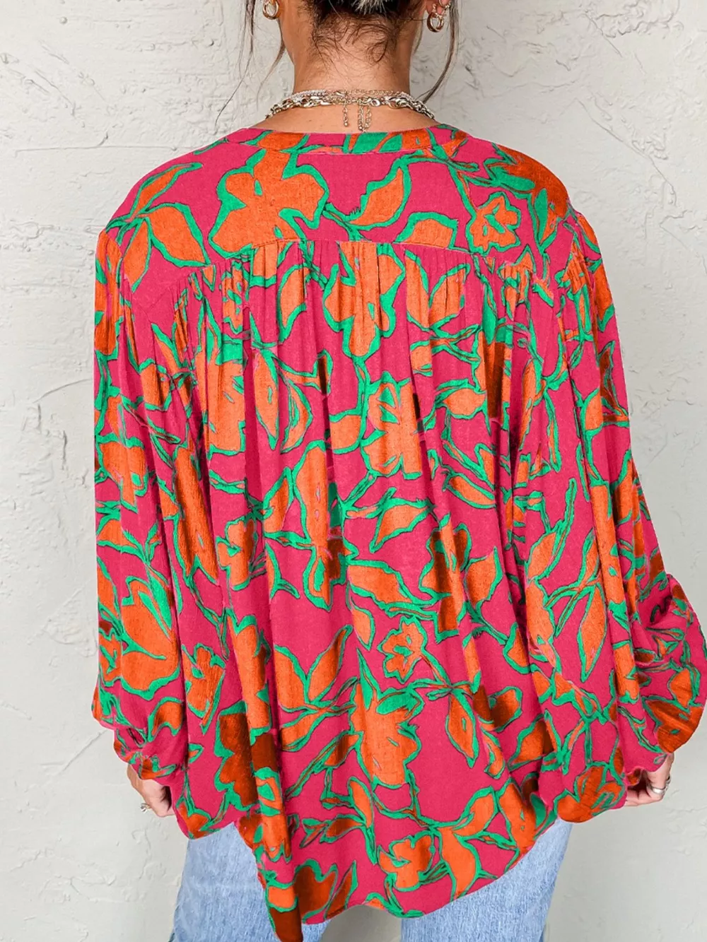 Floral Print Batwing Sleeve Buttoned Loose Fit Shirt, image 3