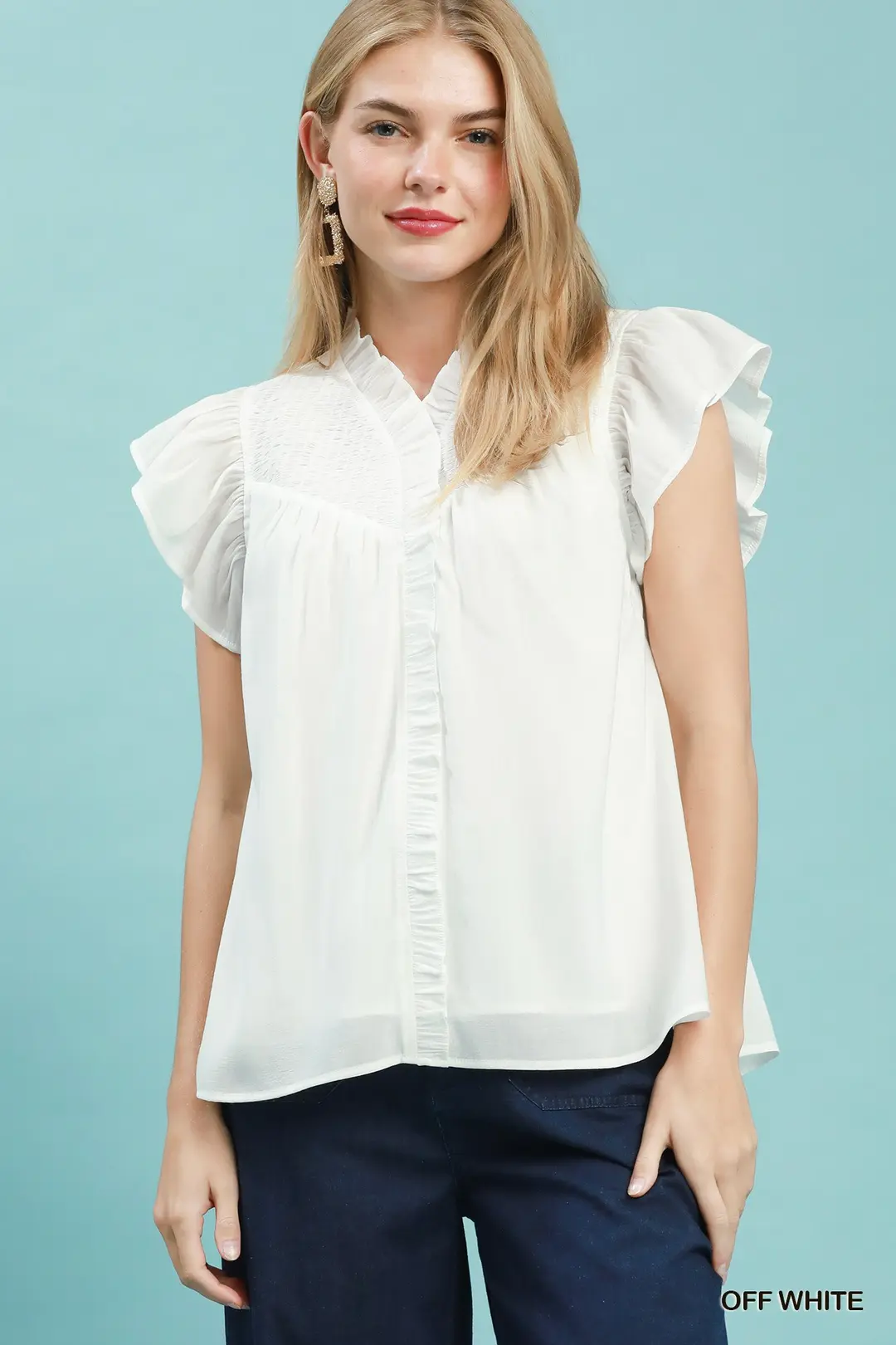 Smocked Yoke Ruffle Sleeve Blouse