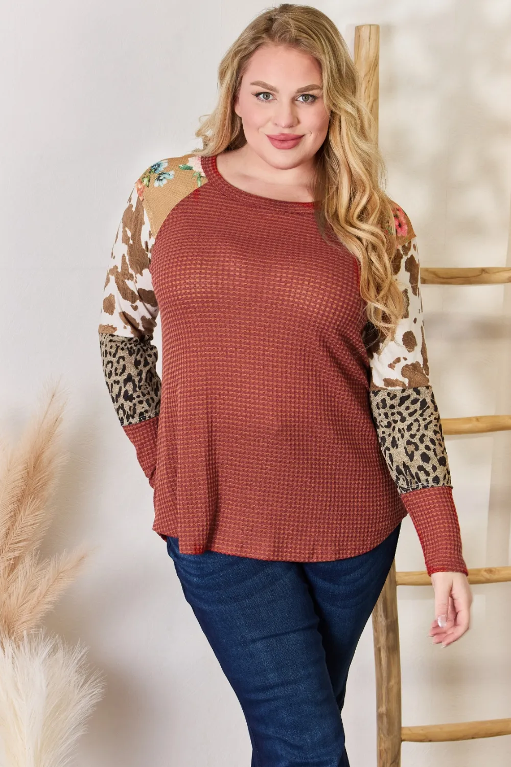 Full Size Leopard Waffle-Knit Blouse, image 2