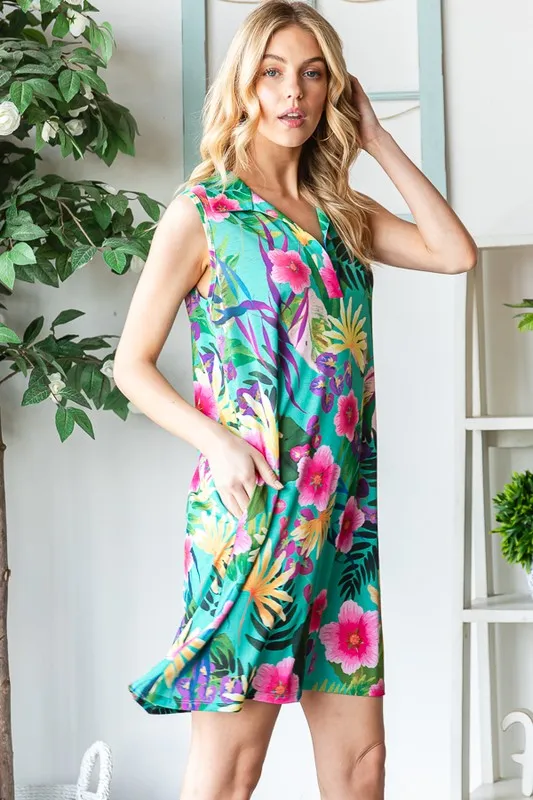 Full Size Floral Johnny Collar Sleeveless Dress Plus Size, image 7